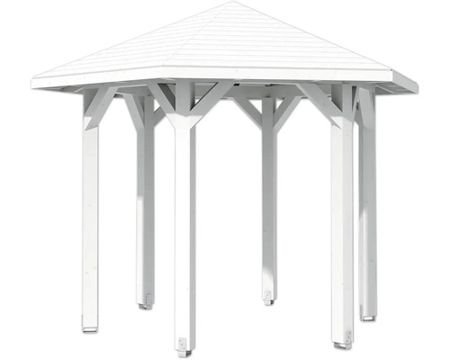 Weißer Pavillon mit Holzkonstruktion und sechseckigem Dach