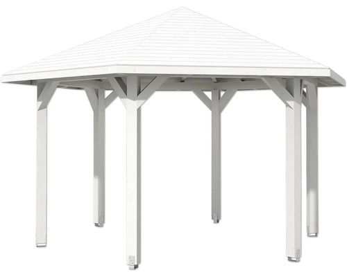 Weißer Pavillon mit Holzkonstruktion und Dach