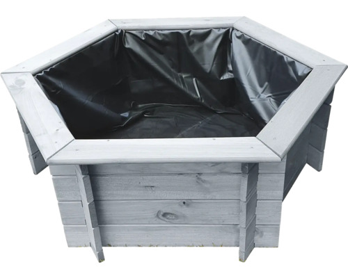 Hochteich promadino Miniteich 6eck-Hochteich, grau mit Teichfolie 122 x 105 x 40 cm und Teichpumpe (600 ltr/Std., 10m Kabel) mit Springbrunnendüsen Sechseckiger Pflanzkasten aus Holz mit Teichfolie