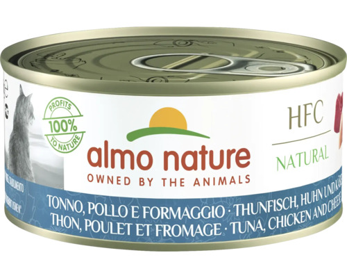 Katzenfutter nass Almo HFC natural Thunfisch, Huhn, Käse 150 g Almo Nature Katzenfutter mit Thunfisch, Huhn und Käse in Dose
