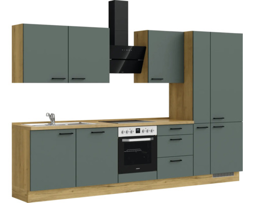 Komplette Küchenzeile mit Spüle, Herd, Dunstabzugshaube und Schränken