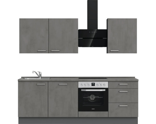 Küchenzeile mit Spüle, Herd, Backofen, Dunstabzugshaube und Schränken