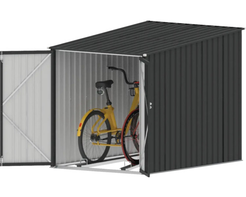 Fahrradgarage aus Metall mit geöffneter Tür und Fahrrad