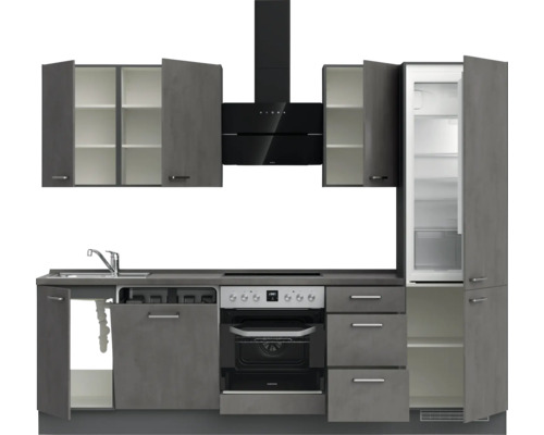 Komplette Küchenzeile mit Spüle, Backofen, Herd, Dunstabzugshaube, Kühlschrank und Schränken