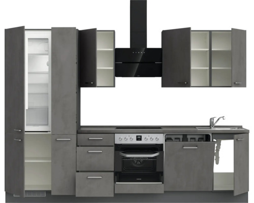 Komplette Küchenzeile mit Kühlschrank, Herd, Dunstabzugshaube und Spüle