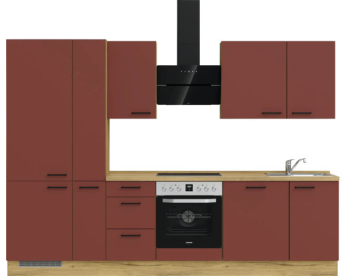 Küchenzeile mit Spüle, Herd, Dunstabzugshaube und Schränken