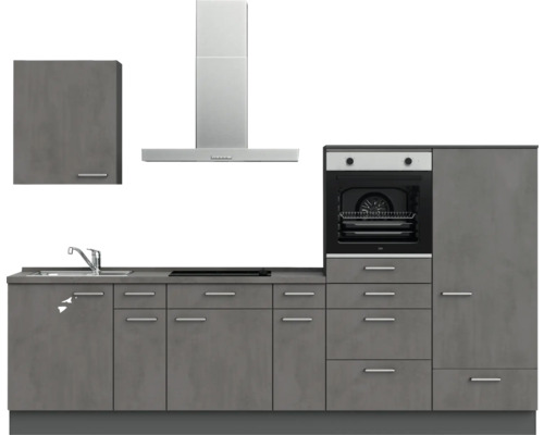 Komplette Küchenzeile mit Spüle, Kochfeld, Backofen, Dunstabzugshaube und Schränken in moderner Optik