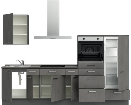 Komplette Küchenzeile mit Spüle, Kochfeld, Dunstabzugshaube, Backofen und Kühlschrank