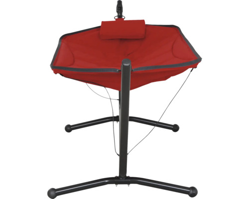 Rote Hängematte mit Gestell und Kopfkissen