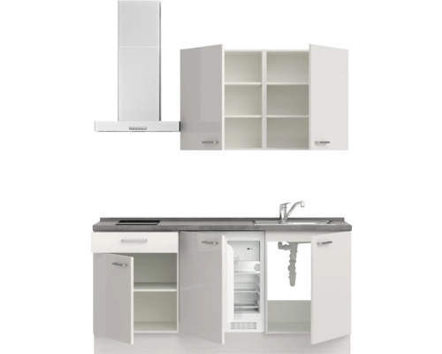 Komplette Küchenzeile mit Dunstabzugshaube, Spüle und Kühlschrank