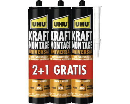 UHU Kraft Universal Montagekleber 2+1 gratis 470 g Drei Tuben UHU Kraft Montage Universal Klebstoff im Vorteilspack