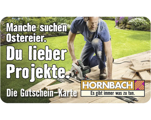 Hornbach voucher card with man sawing wood in the garden.