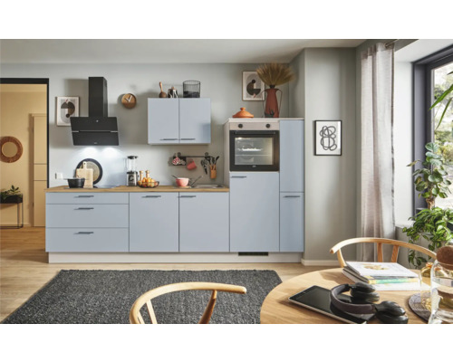 PICCANTE Plus Küchenzeile mit Geräten Marlena 280 cm Frontfarbe pastellblau matt Korpusfarbe kaschmirgrau montiert Variante rechts