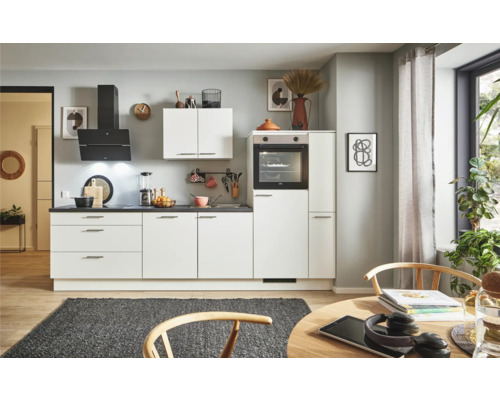 PICCANTE Plus Küchenzeile mit Geräten Sonera 280 cm Frontfarbe weiß matt Korpusfarbe weiß montiert Variante rechts