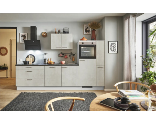 PICCANTE Plus Küchenzeile mit Geräten Casual 280 cm Frontfarbe beton weißgrau matt Korpusfarbe lichtgrau montiert Variante rechts