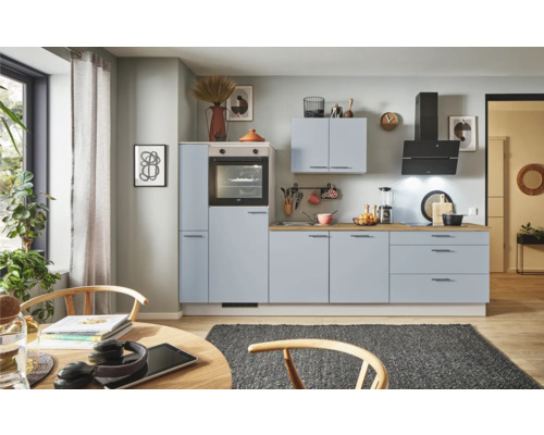 PICCANTE Plus Küchenzeile mit Geräten Marlena 280 cm Frontfarbe pastellblau matt Korpusfarbe kaschmirgrau montiert Variante links