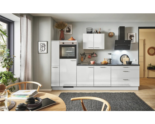 PICCANTE Plus Küchenzeile mit Geräten Pearl 300 cm Frontfarbe steingrau hochglanz Korpusfarbe lichtgrau montiert Variante links