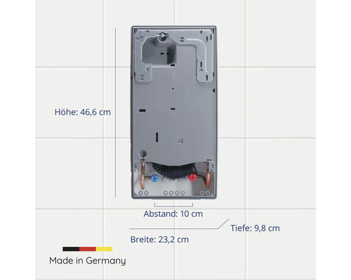 Rückansicht eines elektronischen Durchlauferhitzers mit Maßangaben