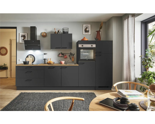 PICCANTE Plus Küchenzeile mit Geräten Sonera 320 cm Frontfarbe grafit matt Korpusfarbe graphit montiert Variante rechts