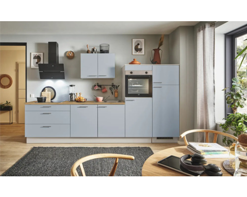 PICCANTE Plus Küchenzeile mit Geräten Marlena 340 cm Frontfarbe pastellblau matt Korpusfarbe kaschmirgrau montiert Variante rechts