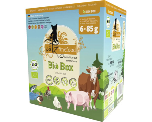 Catz finefood Bio Box mit sechs verschiedenen Sorten Katzenfutter
