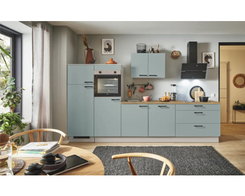 PICCANTE Plus Küchenzeile mit Geräten Marlena 310 cm fjördgrün matt vormontiert Variante links