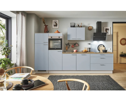 PICCANTE Plus Küchenzeile mit Geräten Marlena 310 cm Frontfarbe pastellblau matt Korpusfarbe kaschmirgrau montiert Variante links