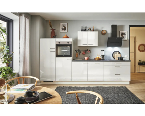 PICCANTE Plus Küchenzeile mit Geräten Pearl 310 cm Frontfarbe weiß hochglanz Korpusfarbe weiß montiert Variante links