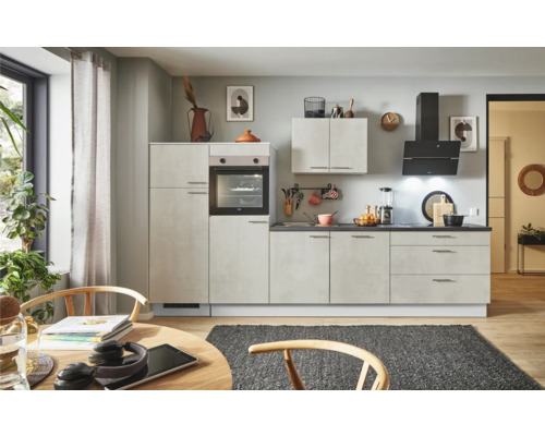 PICCANTE Plus Küchenzeile mit Geräten Casual 330 cm beton weißgrau matt vormontiert Variante links