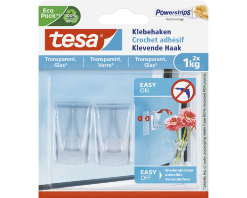 Tesa Klebehaken für Glas, 2 Stück, mit Powerstrips Technologie