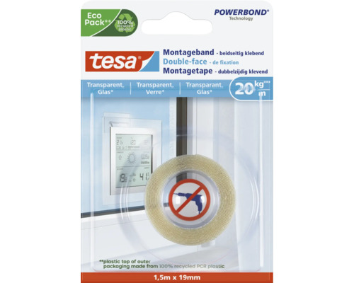 Tesa Powerbond Montageband zum Anbringen ohne Bohren für Glas 1,5 Meter mal 19 Millimeter