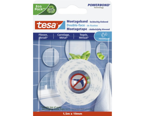 Montageband tesa weiß für Fliesen feuchtraumbeständig 1,5 m x 19 mm Tesa Powerbond Montageband, doppelseitig klebend, Rolle mit Bohrmaschinen Symbol