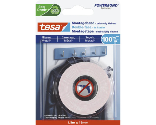 Montageband tesa weiß für Fliesen 1,5 m x 19 mm Tesa Powerbond Montageband doppelseitig klebend, 1,5 Meter mal 19 Millimeter