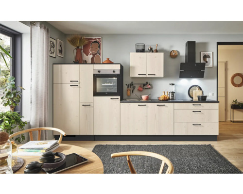 PICCANTE Plus Küchenzeile mit Geräten Casual 350 cm fichte whitewashed matt vormontiert Variante links