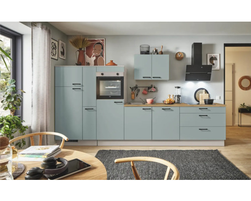 PICCANTE Plus Küchenzeile mit Geräten Marlena 370 cm fjördgrün matt vormontiert Variante links