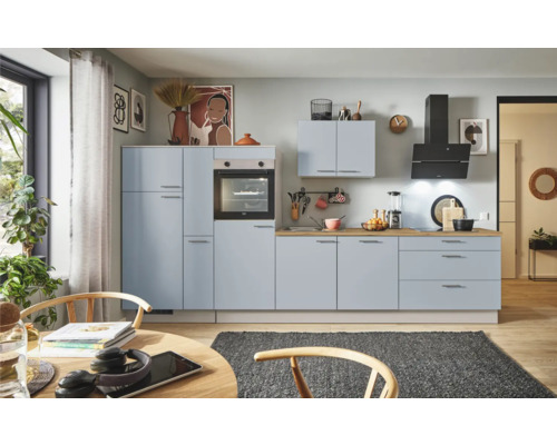 PICCANTE Plus Küchenzeile mit Geräten Marlena 340 cm Frontfarbe pastellblau matt Korpusfarbe kaschmirgrau montiert Variante links