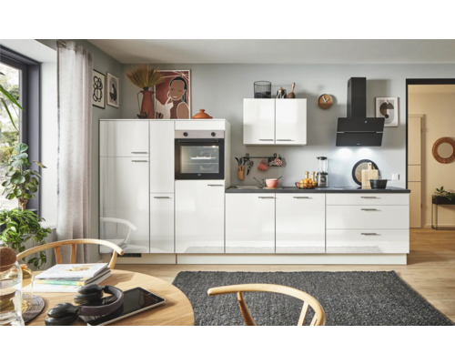 PICCANTE Plus Küchenzeile mit Geräten Pearl 350 cm weiß hochglanz vormontiert Variante links