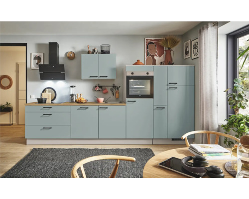 PICCANTE Plus Küchenzeile mit Geräten Marlena 350 cm fjördgrün matt vormontiert Variante rechts