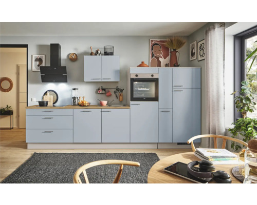 PICCANTE Plus Küchenzeile mit Geräten Marlena 350 cm Frontfarbe pastellblau matt Korpusfarbe kaschmirgrau montiert Variante rechts