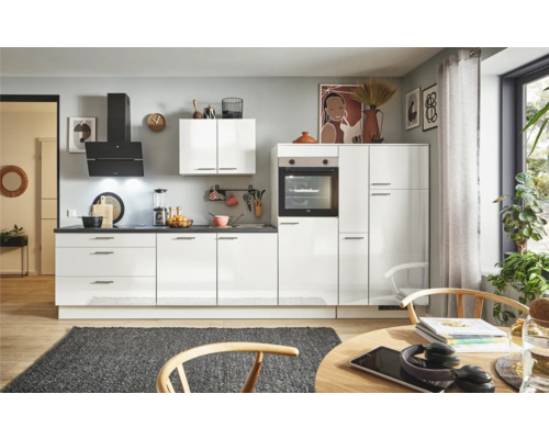 PICCANTE Plus Küchenzeile mit Geräten Pearl 370 cm weiß hochglanz vormontiert Variante rechts