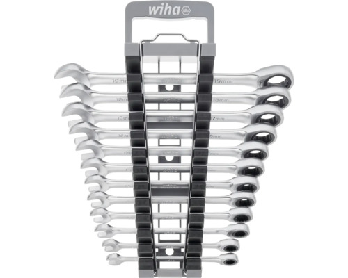 Wiha Logo. Satz Ringratschenschlüssel in Halterung.