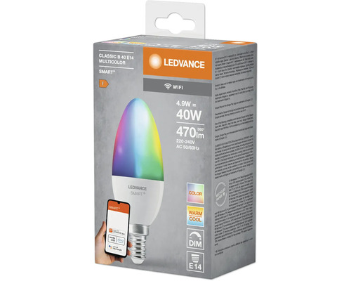 Ledvance Logo. Verpackung einer Ledvance Classic B 40 E14 Multicolor Smart Lampe mit WiFi Funktion, 4,9 Watt entspricht 40 Watt, 470 Lumen, 220 bis 240 Volt, AC 50/60 Hertz, dimmbar, E14 Fassung.