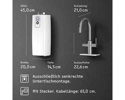 Untertischgerät mit Armatur und Maßangaben für Höhe, Breite und Tiefe