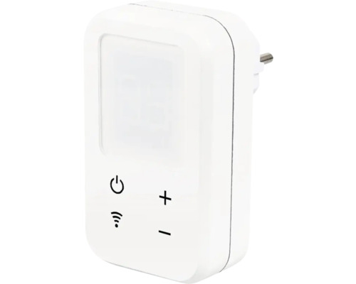 Weißer Zwischenstecker mit Schalter, WLAN-Symbol und Plus-Minus-Symbol