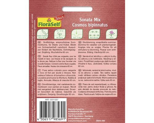 FloraSelf Sonata Mix Cosmos bipinnatus Information auf der Verpackung