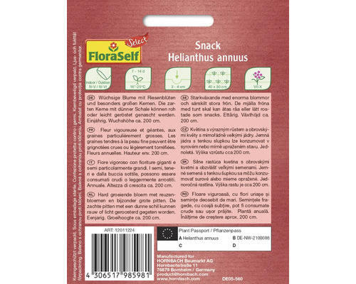 Verpackung von FloraSelf Snack Sonnenblumen Helianthus annuus mit Informationen zu Anbau und Eigenschaften
