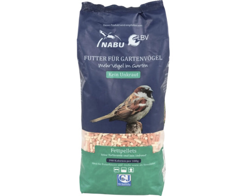 Wildvogelfutter CJ Wildlife Fettpellets 1 kg Ganzjahresvogelfutter Futtersack für Gartenvögel mit Fettpellets und Abbildung eines Spatzes