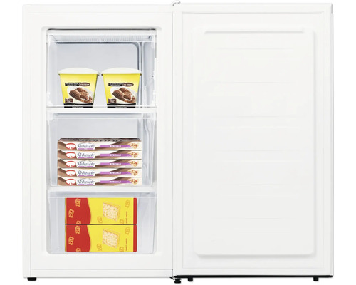 Gefrierschrank mit Lebensmitteln wie Eis, Pizza und Gemüse