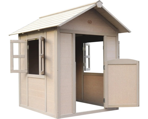 Spielhaus aus Holz mit Fenstern und Tür