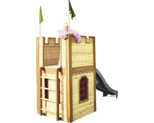 Spielhaus in Form einer Burg mit Rutsche und Leiter
